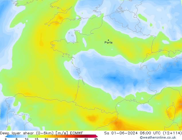 Deep layer shear (0-6km) ECMWF za 01.06.2024 06 UTC