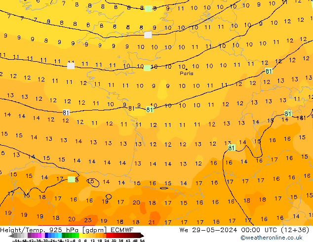 Height/Temp. 925 hPa ECMWF mer 29.05.2024 00 UTC