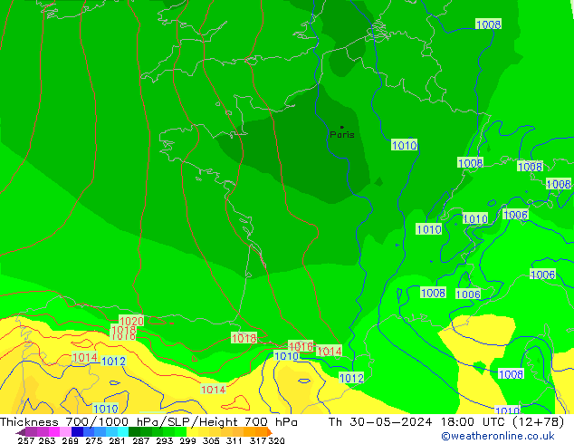 Thck 700-1000 hPa ECMWF gio 30.05.2024 18 UTC