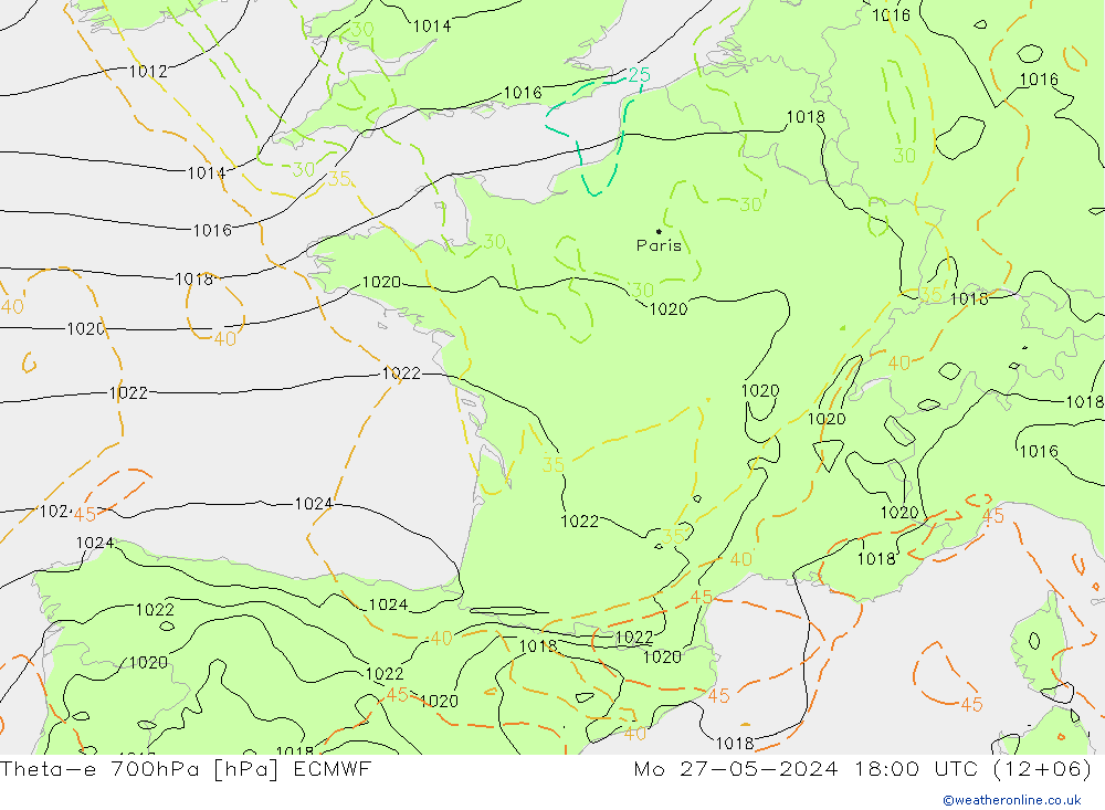 Theta-e 700hPa ECMWF lun 27.05.2024 18 UTC