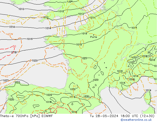 Theta-e 700гПа ECMWF вт 28.05.2024 18 UTC