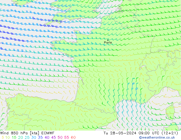 Wind 850 hPa ECMWF Út 28.05.2024 09 UTC