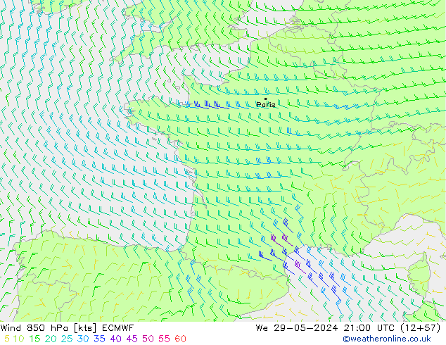 Wind 850 hPa ECMWF wo 29.05.2024 21 UTC