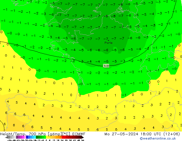 Height/Temp. 700 hPa ECMWF Mo 27.05.2024 18 UTC