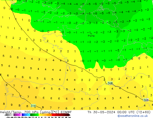 Height/Temp. 700 hPa ECMWF Qui 30.05.2024 00 UTC