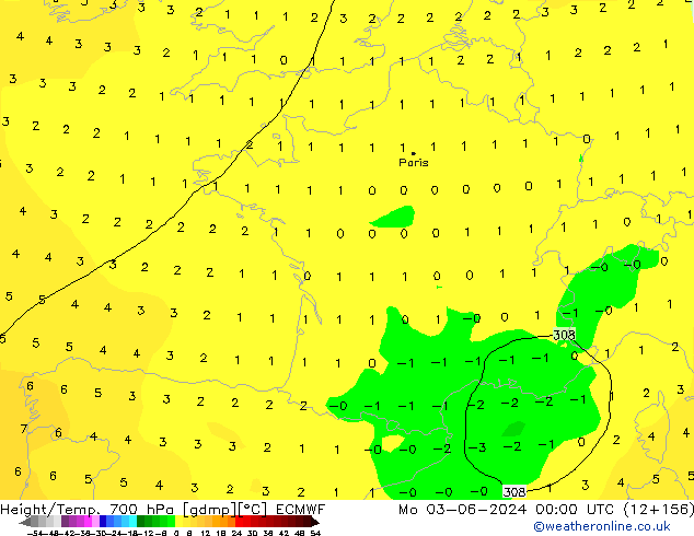 Height/Temp. 700 hPa ECMWF lun 03.06.2024 00 UTC