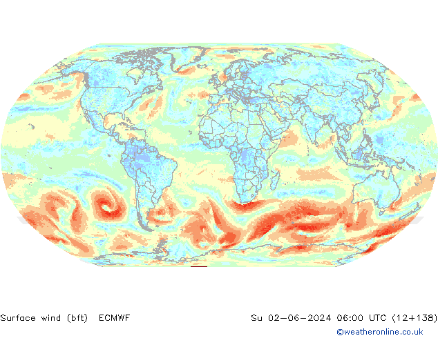 Surface wind (bft) ECMWF Su 02.06.2024 06 UTC