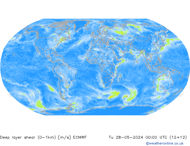 Deep layer shear (0-1km) ECMWF вт 28.05.2024 00 UTC