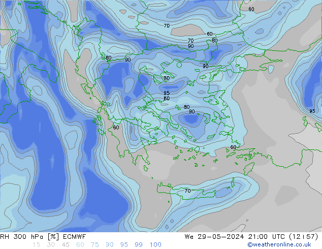 RH 300 hPa ECMWF Qua 29.05.2024 21 UTC