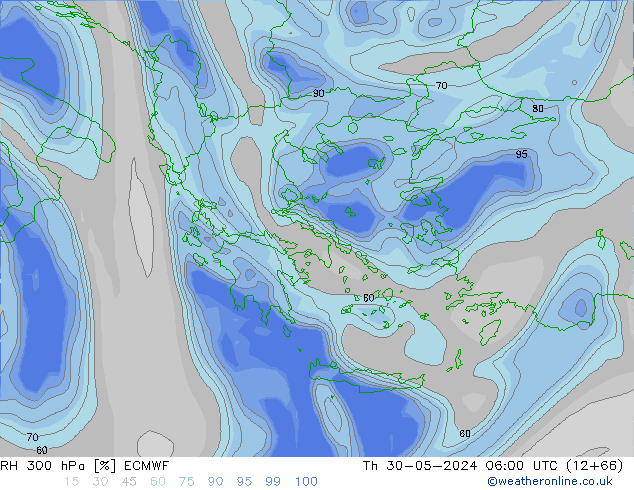 RH 300 гПа ECMWF чт 30.05.2024 06 UTC