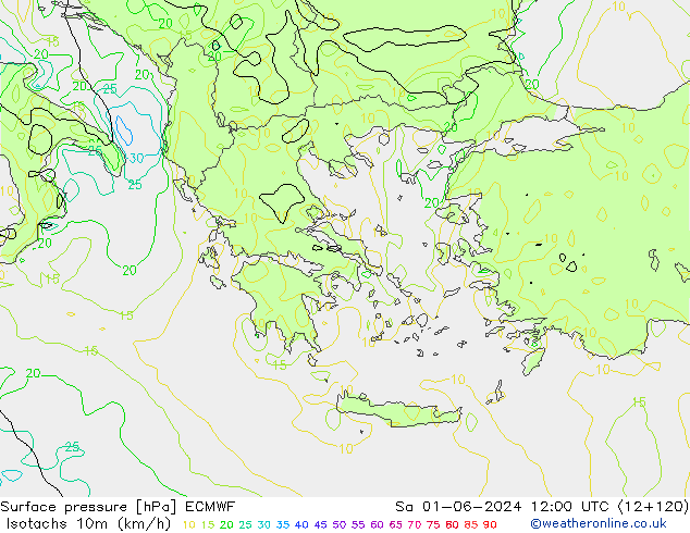 Isotachs (kph) ECMWF sam 01.06.2024 12 UTC