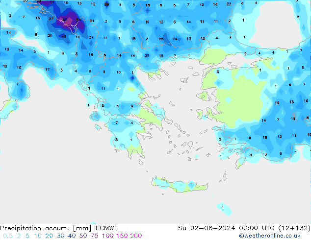 Precipitation accum. ECMWF Вс 02.06.2024 00 UTC