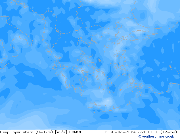 Deep layer shear (0-1km) ECMWF чт 30.05.2024 03 UTC