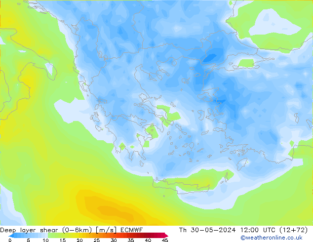 Deep layer shear (0-6km) ECMWF do 30.05.2024 12 UTC