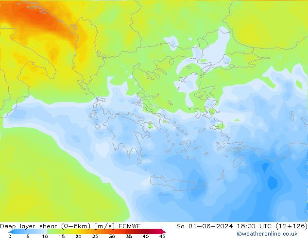 Deep layer shear (0-6km) ECMWF Sa 01.06.2024 18 UTC