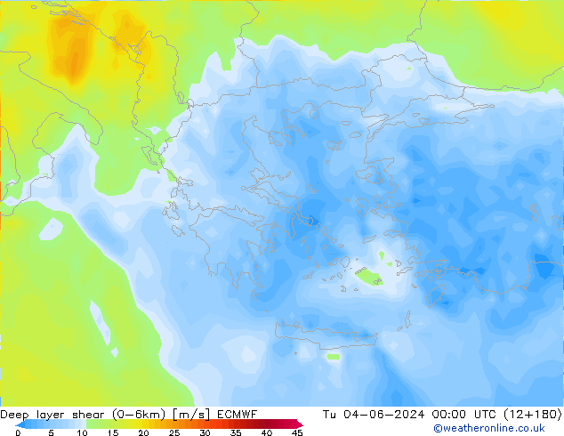 Deep layer shear (0-6km) ECMWF Tu 04.06.2024 00 UTC