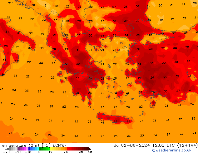 Temperature (2m) ECMWF Su 02.06.2024 12 UTC