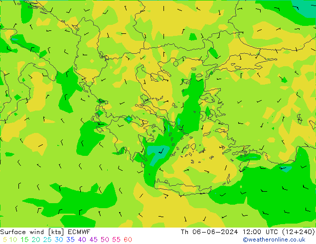 Surface wind ECMWF Čt 06.06.2024 12 UTC