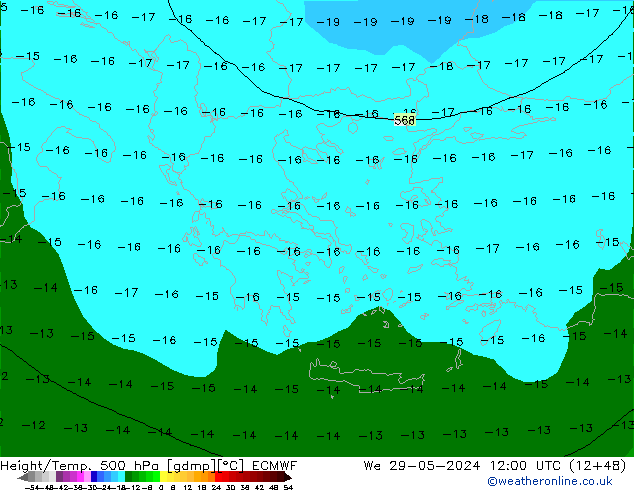 Hoogte/Temp. 500 hPa ECMWF wo 29.05.2024 12 UTC