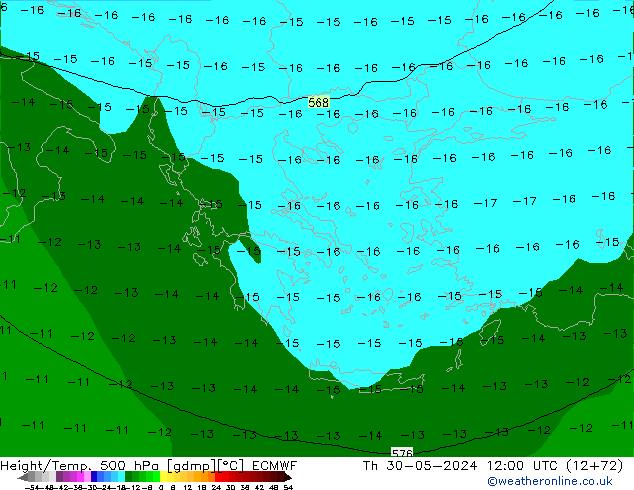 Height/Temp. 500 гПа ECMWF чт 30.05.2024 12 UTC