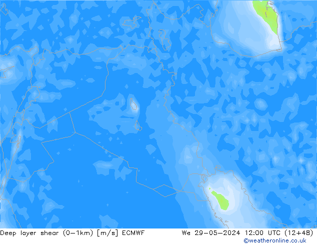 Deep layer shear (0-1km) ECMWF mer 29.05.2024 12 UTC