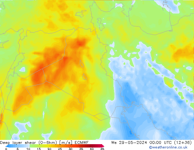 Deep layer shear (0-6km) ECMWF mer 29.05.2024 00 UTC