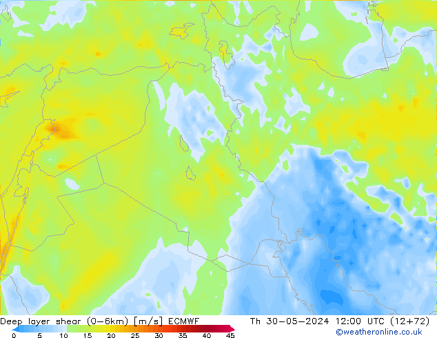 Deep layer shear (0-6km) ECMWF do 30.05.2024 12 UTC