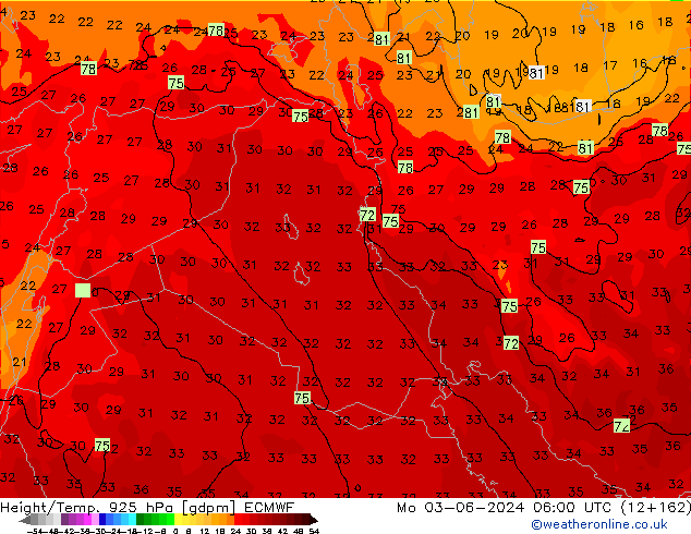 Yükseklik/Sıc. 925 hPa ECMWF Pzt 03.06.2024 06 UTC