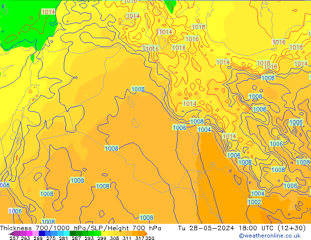 Espesor 700-1000 hPa ECMWF mar 28.05.2024 18 UTC