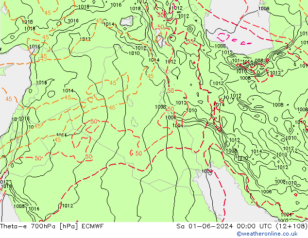 Theta-e 700hPa ECMWF so. 01.06.2024 00 UTC