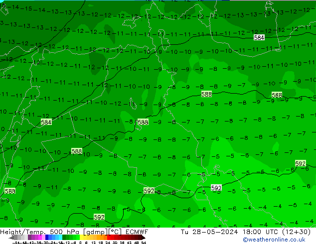 Z500/Rain (+SLP)/Z850 ECMWF wto. 28.05.2024 18 UTC