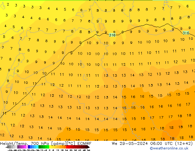 Géop./Temp. 700 hPa ECMWF mer 29.05.2024 06 UTC