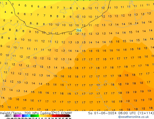 Geop./Temp. 700 hPa ECMWF sáb 01.06.2024 06 UTC