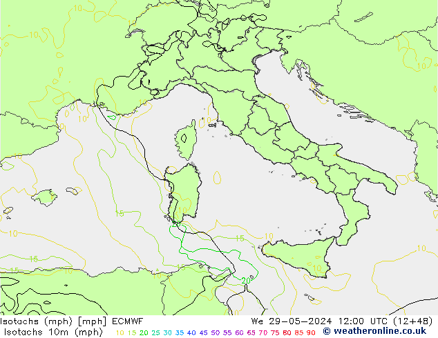 Isotachs (mph) ECMWF Qua 29.05.2024 12 UTC