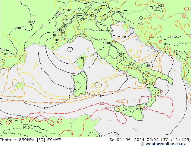 Theta-e 850hPa ECMWF za 01.06.2024 00 UTC