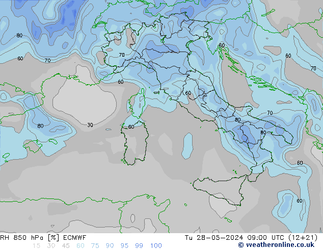 RH 850 hPa ECMWF mar 28.05.2024 09 UTC