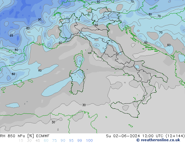 Humidité rel. 850 hPa ECMWF dim 02.06.2024 12 UTC