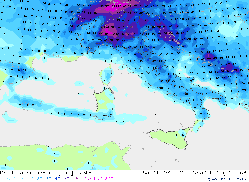 Totale neerslag ECMWF za 01.06.2024 00 UTC