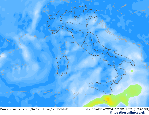 Deep layer shear (0-1km) ECMWF Mo 03.06.2024 12 UTC