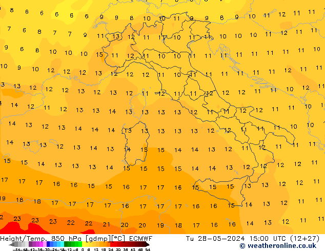 Hoogte/Temp. 850 hPa ECMWF di 28.05.2024 15 UTC