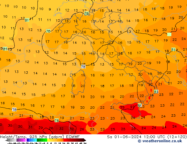 Hoogte/Temp. 925 hPa ECMWF za 01.06.2024 12 UTC