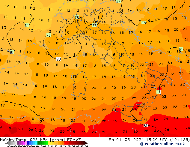 Yükseklik/Sıc. 925 hPa ECMWF Cts 01.06.2024 18 UTC