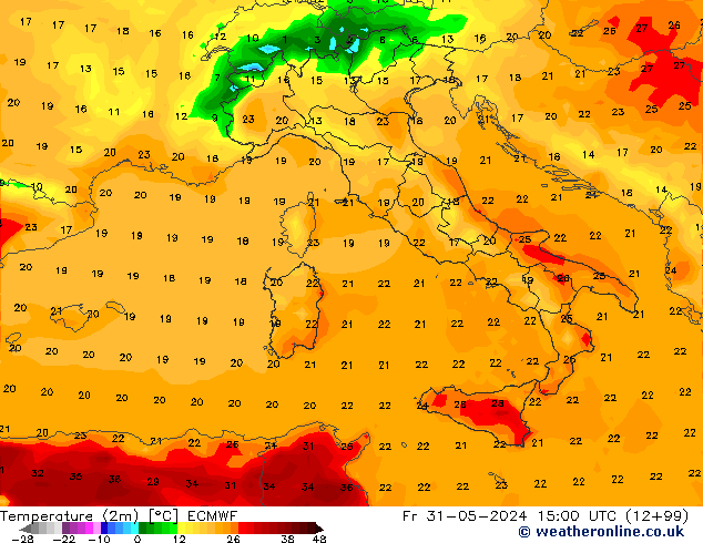 Temperatura (2m) ECMWF ven 31.05.2024 15 UTC