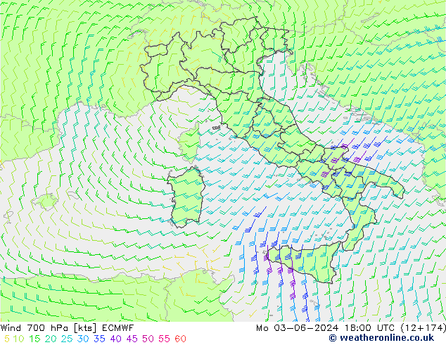 Vent 700 hPa ECMWF lun 03.06.2024 18 UTC