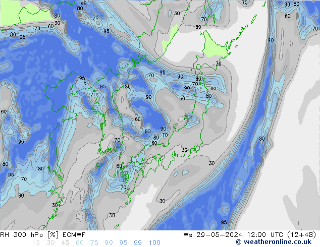 RH 300 hPa ECMWF We 29.05.2024 12 UTC