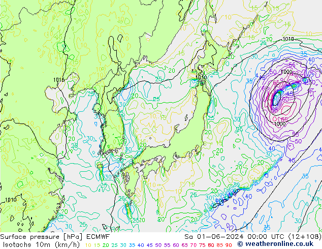 Isotaca (kph) ECMWF sáb 01.06.2024 00 UTC