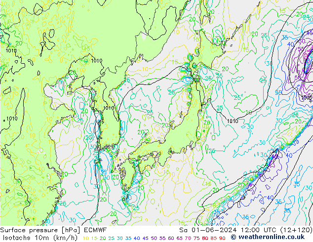 Isotachs (kph) ECMWF So 01.06.2024 12 UTC