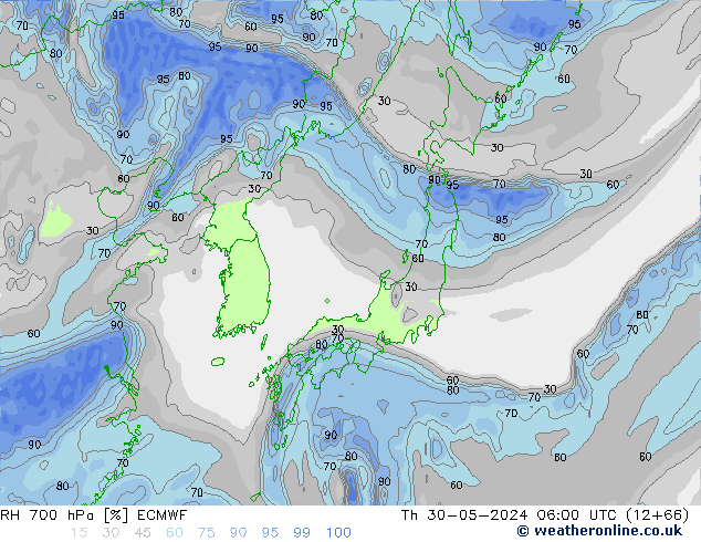 Humedad rel. 700hPa ECMWF jue 30.05.2024 06 UTC