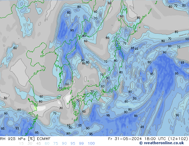 Humedad rel. 925hPa ECMWF vie 31.05.2024 18 UTC