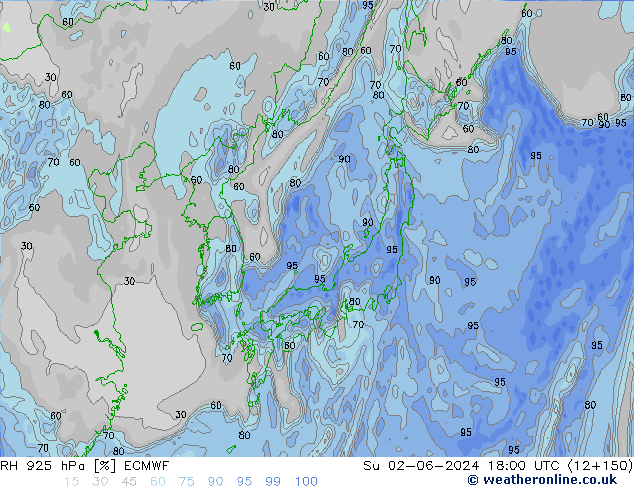 Humidité rel. 925 hPa ECMWF dim 02.06.2024 18 UTC